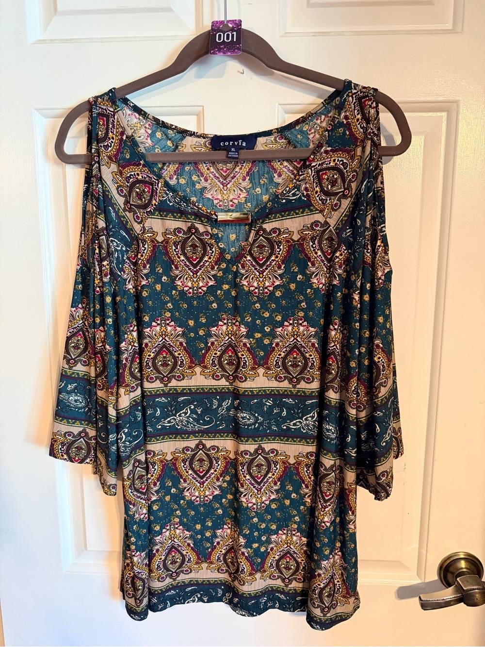 Corvia Teal Paisley Cold-Shoulder Long Sleeve Top